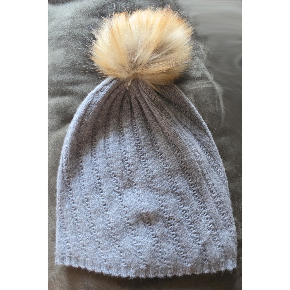Garnet Hill Beanie OS Gray 100% Cashmere Ribbed Knit Hat Winter Skull Cap